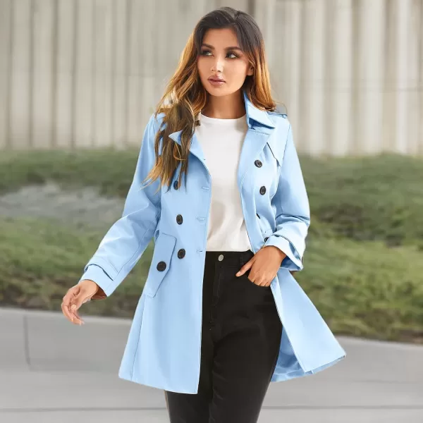 imageFARVALUE Womens Double Breasted Trench Coat Water Resistant Windbreaker Classic Belted Lapel OvercoatBlue