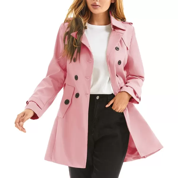 imageFARVALUE Womens Double Breasted Trench Coat Water Resistant Windbreaker Classic Belted Lapel OvercoatBpink