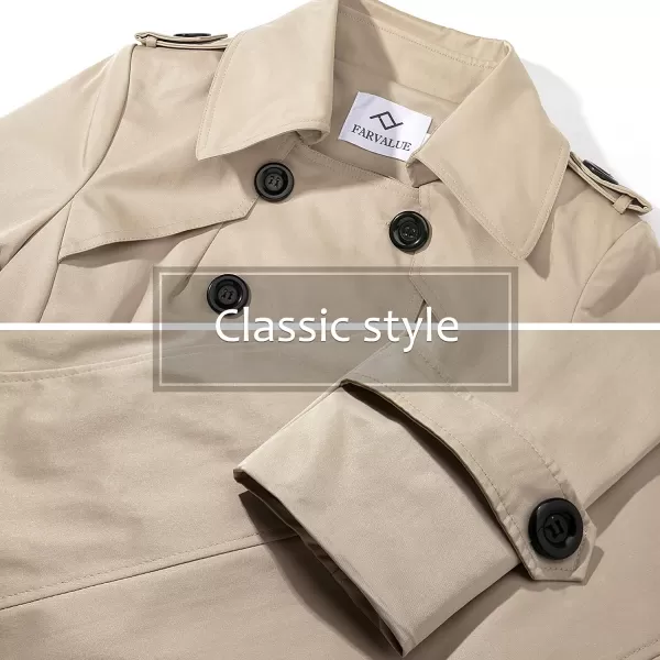 imageFARVALUE Womens Double Breasted Trench Coat Water Resistant Windbreaker Classic Belted Lapel OvercoatKhaki Cotton Lined