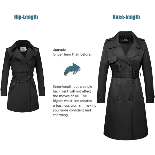 imageFARVALUE Womens Long Trenchcoat Double Breasted Trench Coat Water Resistant Classic Peacoat with BeltBlack