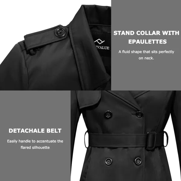 imageFARVALUE Womens Long Trenchcoat Double Breasted Trench Coat Water Resistant Classic Peacoat with BeltBlack