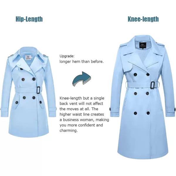 imageFARVALUE Womens Long Trenchcoat Double Breasted Trench Coat Water Resistant Classic Peacoat with BeltBlue