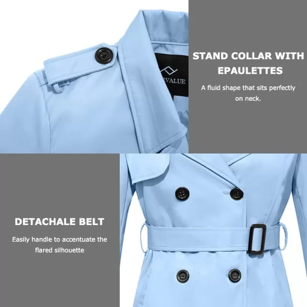 imageFARVALUE Womens Long Trenchcoat Double Breasted Trench Coat Water Resistant Classic Peacoat with BeltBlue
