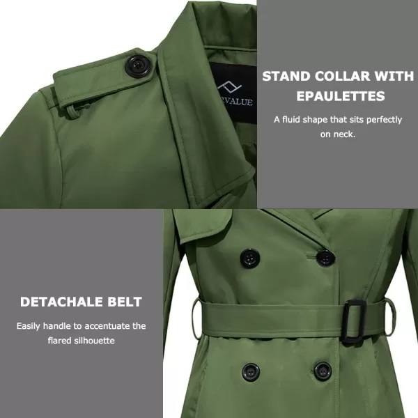 imageFARVALUE Womens Long Trenchcoat Double Breasted Trench Coat Water Resistant Classic Peacoat with BeltGreen