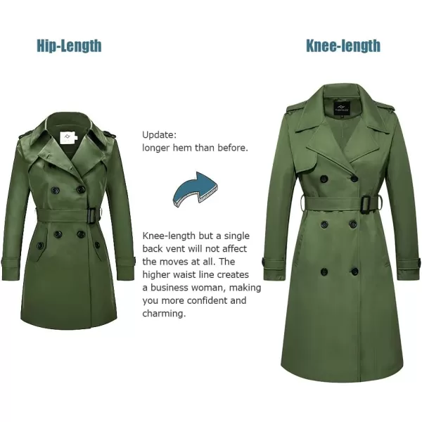 imageFARVALUE Womens Long Trenchcoat Double Breasted Trench Coat Water Resistant Classic Peacoat with BeltGreen