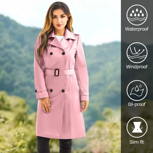 imageFARVALUE Womens Long Trenchcoat Double Breasted Trench Coat Water Resistant Classic Peacoat with BeltPink