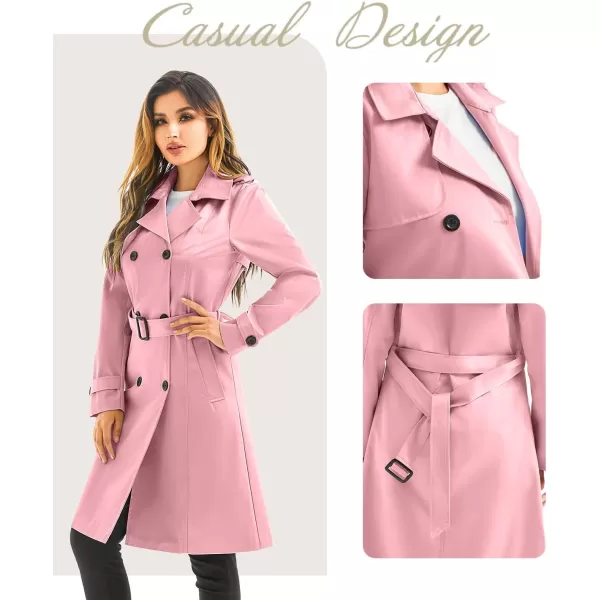 imageFARVALUE Womens Long Trenchcoat Double Breasted Trench Coat Water Resistant Classic Peacoat with BeltPink