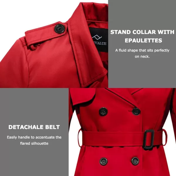 imageFARVALUE Womens Long Trenchcoat Double Breasted Trench Coat Water Resistant Classic Peacoat with BeltRed