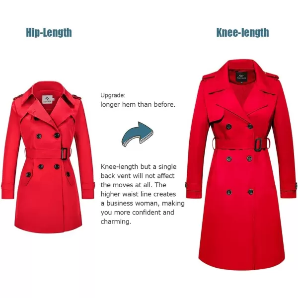 imageFARVALUE Womens Long Trenchcoat Double Breasted Trench Coat Water Resistant Classic Peacoat with BeltRed