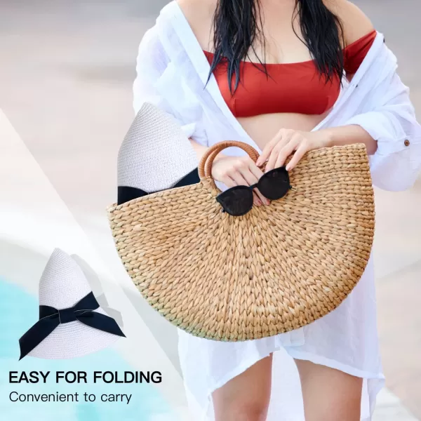 imageFARVALUE Womens Sun Beach Straw Hat Foldable Floppy Hats Summer UV Protection Wide Brim with Bowknot for Travel Beach CapWhite