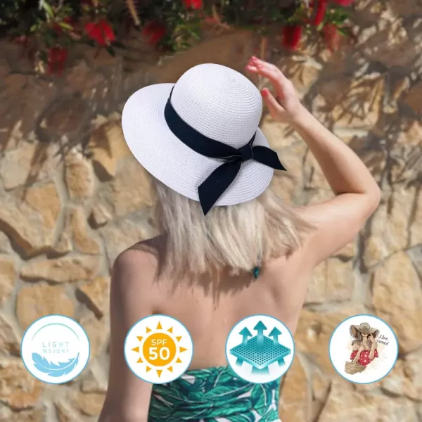 imageFARVALUE Womens Sun Beach Straw Hat Foldable Floppy Hats Summer UV Protection Wide Brim with Bowknot for Travel Beach CapWhite
