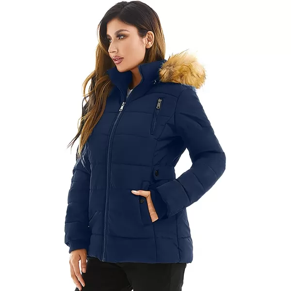 imageFARVALUE Womens Water Resistant Winter Coat Thicken Puffer Jacket Warm Quilted Parka Padded Windbreaker with Removable HoodNavy