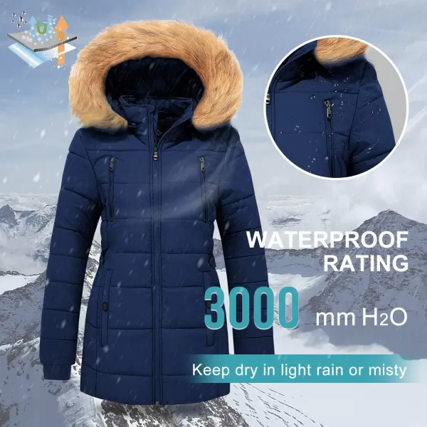 imageFARVALUE Womens Water Resistant Winter Coat Thicken Puffer Jacket Warm Quilted Parka Padded Windbreaker with Removable HoodNavy