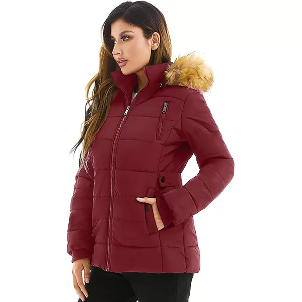 imageFARVALUE Womens Water Resistant Winter Coat Thicken Puffer Jacket Warm Quilted Parka Padded Windbreaker with Removable HoodWine Red