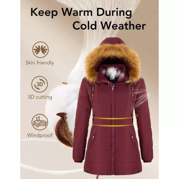 imageFARVALUE Womens Water Resistant Winter Coat Thicken Puffer Jacket Warm Quilted Parka Padded Windbreaker with Removable HoodWine Red