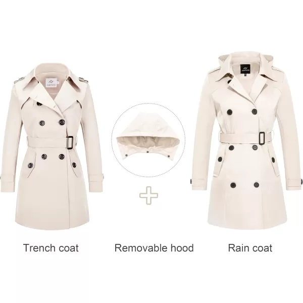 imageFARVALUE Womens Waterproof Trench Coat Double Breasted Windbreaker Classic Belted Lapel Overcoat with Removable HoodBeige