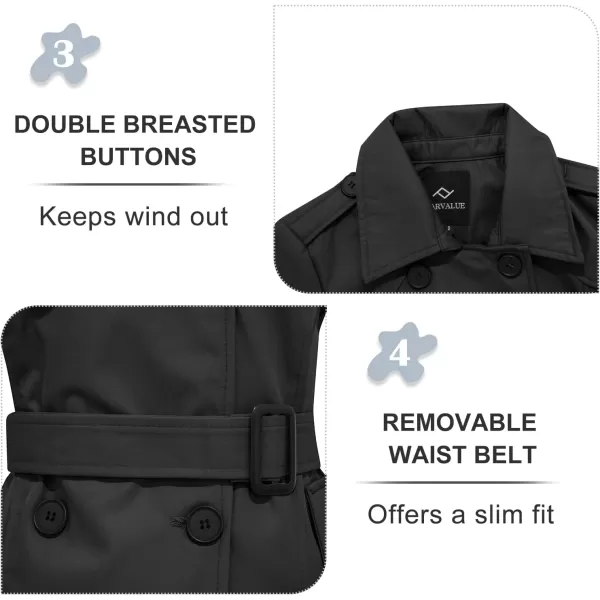 imageFARVALUE Womens Waterproof Trench Coat Double Breasted Windbreaker Classic Belted Lapel Overcoat with Removable HoodBlack