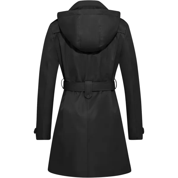 imageFARVALUE Womens Waterproof Trench Coat Double Breasted Windbreaker Classic Belted Lapel Overcoat with Removable HoodBlack