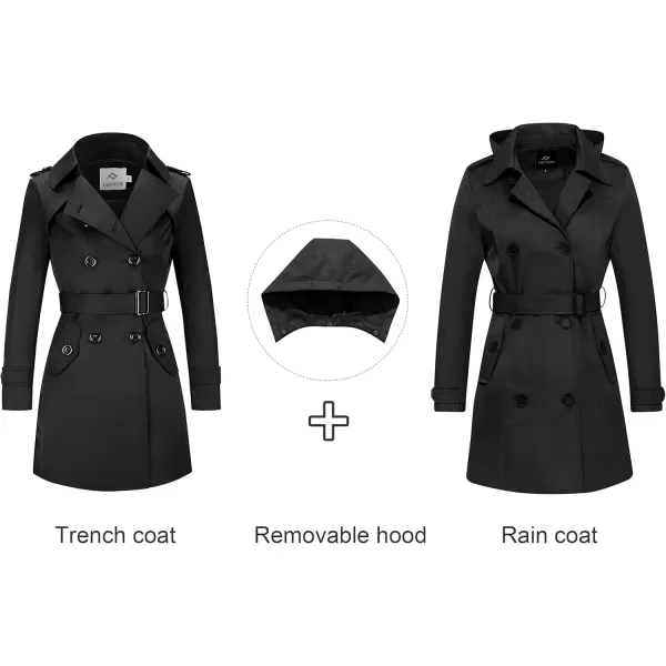 imageFARVALUE Womens Waterproof Trench Coat Double Breasted Windbreaker Classic Belted Lapel Overcoat with Removable HoodBlack