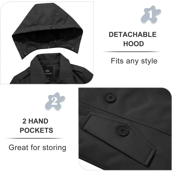 imageFARVALUE Womens Waterproof Trench Coat Double Breasted Windbreaker Classic Belted Lapel Overcoat with Removable HoodBlack