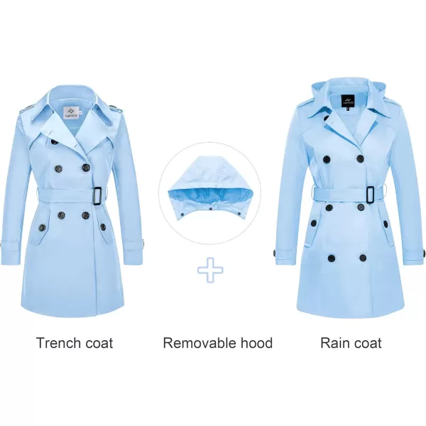 imageFARVALUE Womens Waterproof Trench Coat Double Breasted Windbreaker Classic Belted Lapel Overcoat with Removable HoodBlue