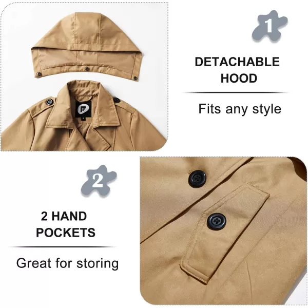 imageFARVALUE Womens Waterproof Trench Coat Double Breasted Windbreaker Classic Belted Lapel Overcoat with Removable HoodCamel