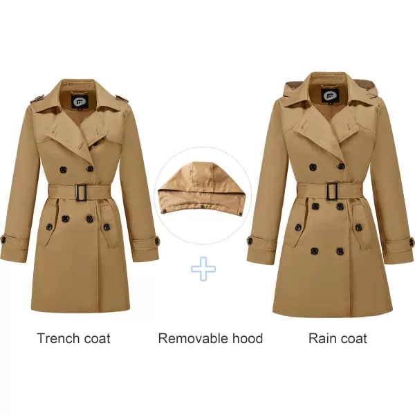imageFARVALUE Womens Waterproof Trench Coat Double Breasted Windbreaker Classic Belted Lapel Overcoat with Removable HoodCamel