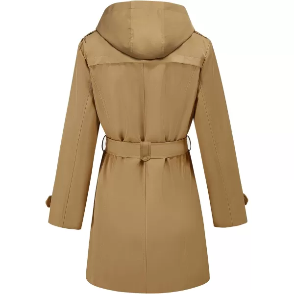 imageFARVALUE Womens Waterproof Trench Coat Double Breasted Windbreaker Classic Belted Lapel Overcoat with Removable HoodCamel