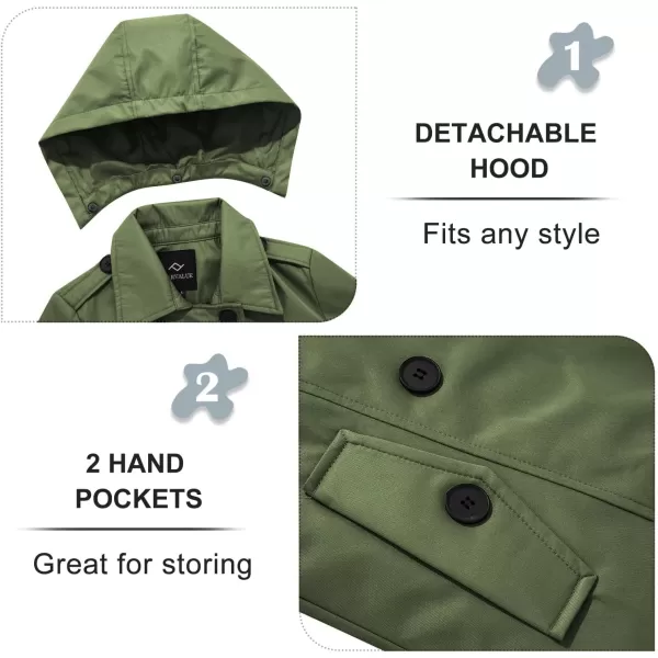 imageFARVALUE Womens Waterproof Trench Coat Double Breasted Windbreaker Classic Belted Lapel Overcoat with Removable HoodGreen