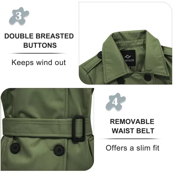 imageFARVALUE Womens Waterproof Trench Coat Double Breasted Windbreaker Classic Belted Lapel Overcoat with Removable HoodGreen