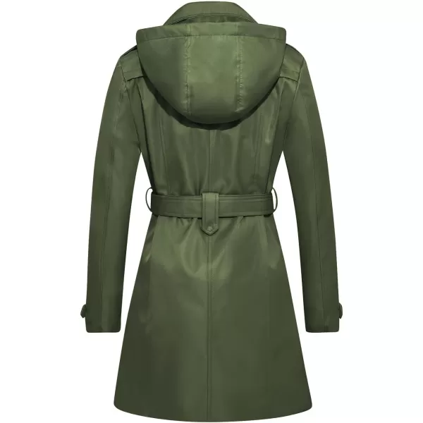 imageFARVALUE Womens Waterproof Trench Coat Double Breasted Windbreaker Classic Belted Lapel Overcoat with Removable HoodGreen