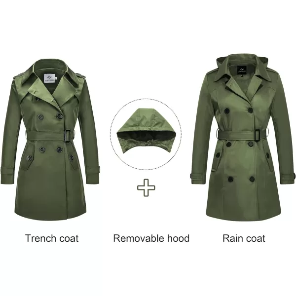 imageFARVALUE Womens Waterproof Trench Coat Double Breasted Windbreaker Classic Belted Lapel Overcoat with Removable HoodGreen