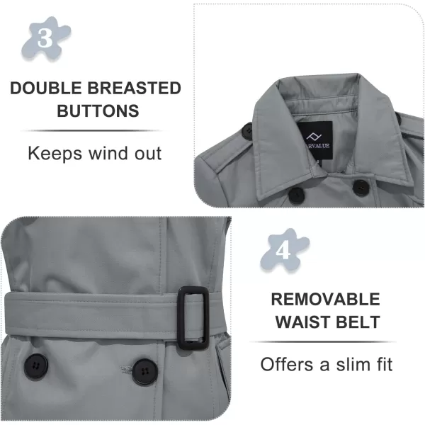 imageFARVALUE Womens Waterproof Trench Coat Double Breasted Windbreaker Classic Belted Lapel Overcoat with Removable HoodGrey