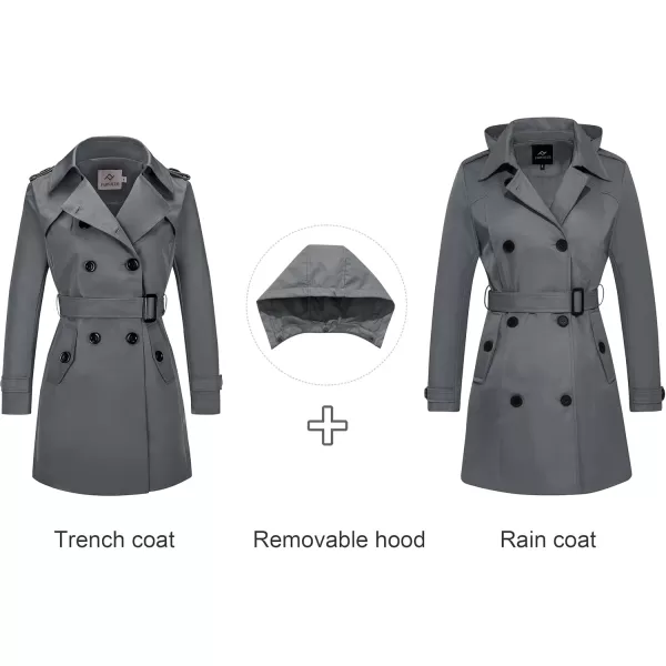 imageFARVALUE Womens Waterproof Trench Coat Double Breasted Windbreaker Classic Belted Lapel Overcoat with Removable HoodGrey
