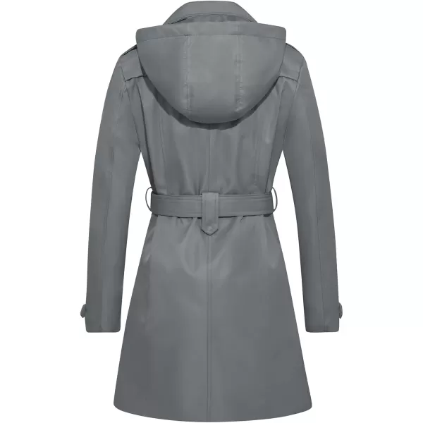 imageFARVALUE Womens Waterproof Trench Coat Double Breasted Windbreaker Classic Belted Lapel Overcoat with Removable HoodGrey