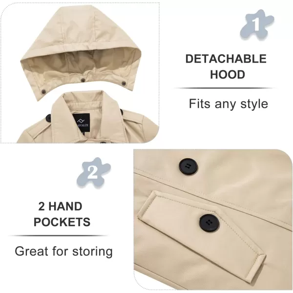 imageFARVALUE Womens Waterproof Trench Coat Double Breasted Windbreaker Classic Belted Lapel Overcoat with Removable HoodKhaki