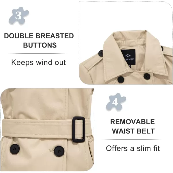 imageFARVALUE Womens Waterproof Trench Coat Double Breasted Windbreaker Classic Belted Lapel Overcoat with Removable HoodKhaki