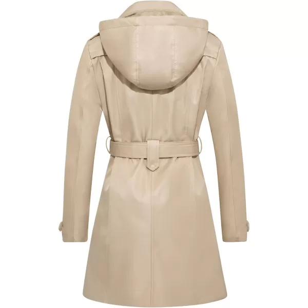 imageFARVALUE Womens Waterproof Trench Coat Double Breasted Windbreaker Classic Belted Lapel Overcoat with Removable HoodKhaki