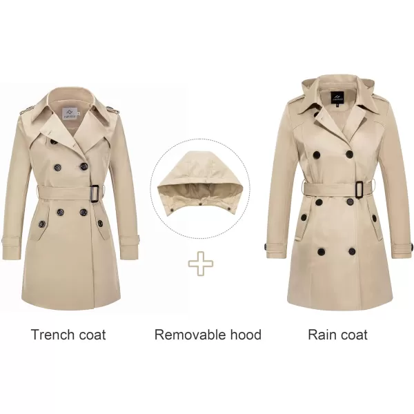 imageFARVALUE Womens Waterproof Trench Coat Double Breasted Windbreaker Classic Belted Lapel Overcoat with Removable HoodKhaki