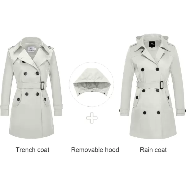 imageFARVALUE Womens Waterproof Trench Coat Double Breasted Windbreaker Classic Belted Lapel Overcoat with Removable HoodLight Gray