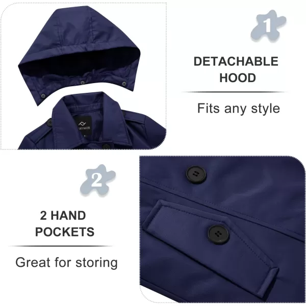 imageFARVALUE Womens Waterproof Trench Coat Double Breasted Windbreaker Classic Belted Lapel Overcoat with Removable HoodNavy