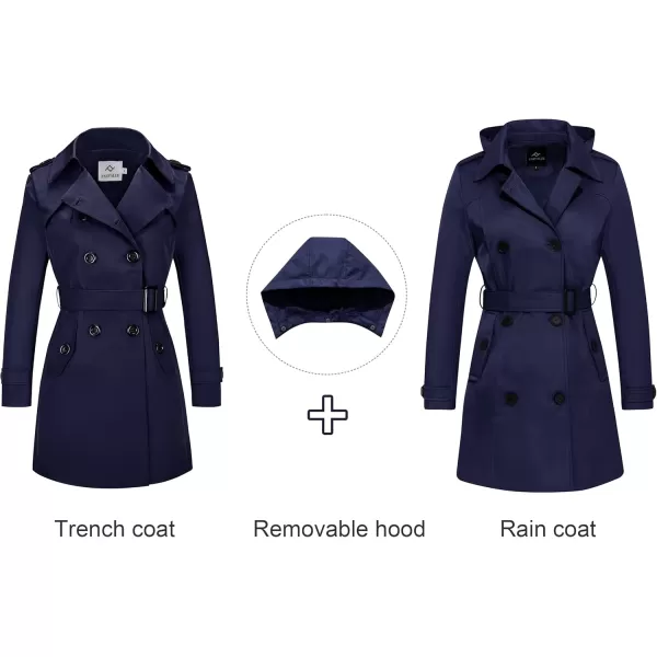 imageFARVALUE Womens Waterproof Trench Coat Double Breasted Windbreaker Classic Belted Lapel Overcoat with Removable HoodNavy