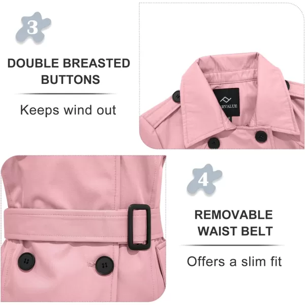 imageFARVALUE Womens Waterproof Trench Coat Double Breasted Windbreaker Classic Belted Lapel Overcoat with Removable HoodPink