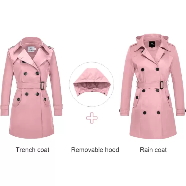 imageFARVALUE Womens Waterproof Trench Coat Double Breasted Windbreaker Classic Belted Lapel Overcoat with Removable HoodPink