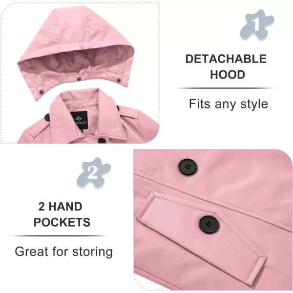 imageFARVALUE Womens Waterproof Trench Coat Double Breasted Windbreaker Classic Belted Lapel Overcoat with Removable HoodPink