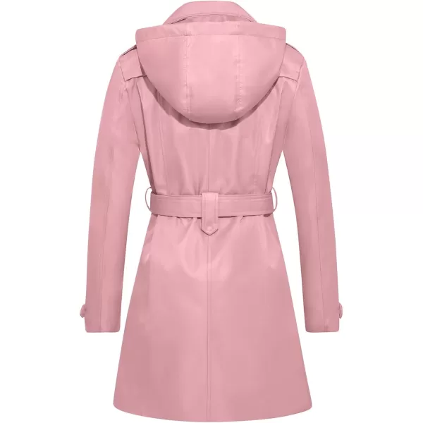 imageFARVALUE Womens Waterproof Trench Coat Double Breasted Windbreaker Classic Belted Lapel Overcoat with Removable HoodPink