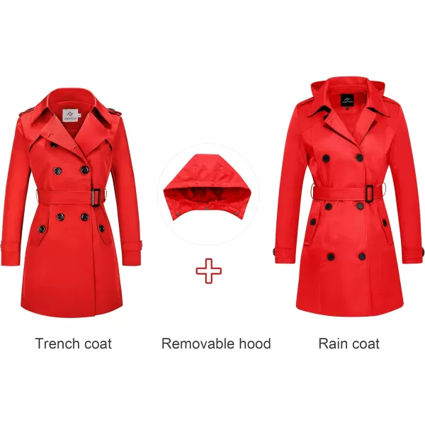 imageFARVALUE Womens Waterproof Trench Coat Double Breasted Windbreaker Classic Belted Lapel Overcoat with Removable HoodRed