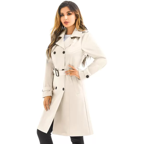 imageFARVALUE Womens Waterproof Trench Coat Long Double Breasted Windbreaker Classic Belted Lapel Overcoat with Removable HoodBeige