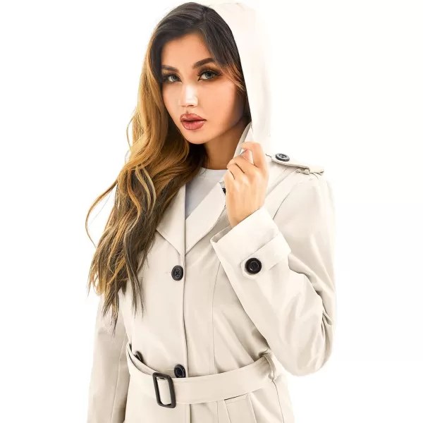 imageFARVALUE Womens Waterproof Trench Coat Long Double Breasted Windbreaker Classic Belted Lapel Overcoat with Removable HoodBeige