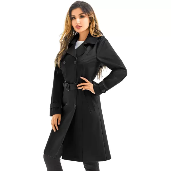 imageFARVALUE Womens Waterproof Trench Coat Long Double Breasted Windbreaker Classic Belted Lapel Overcoat with Removable HoodBlack